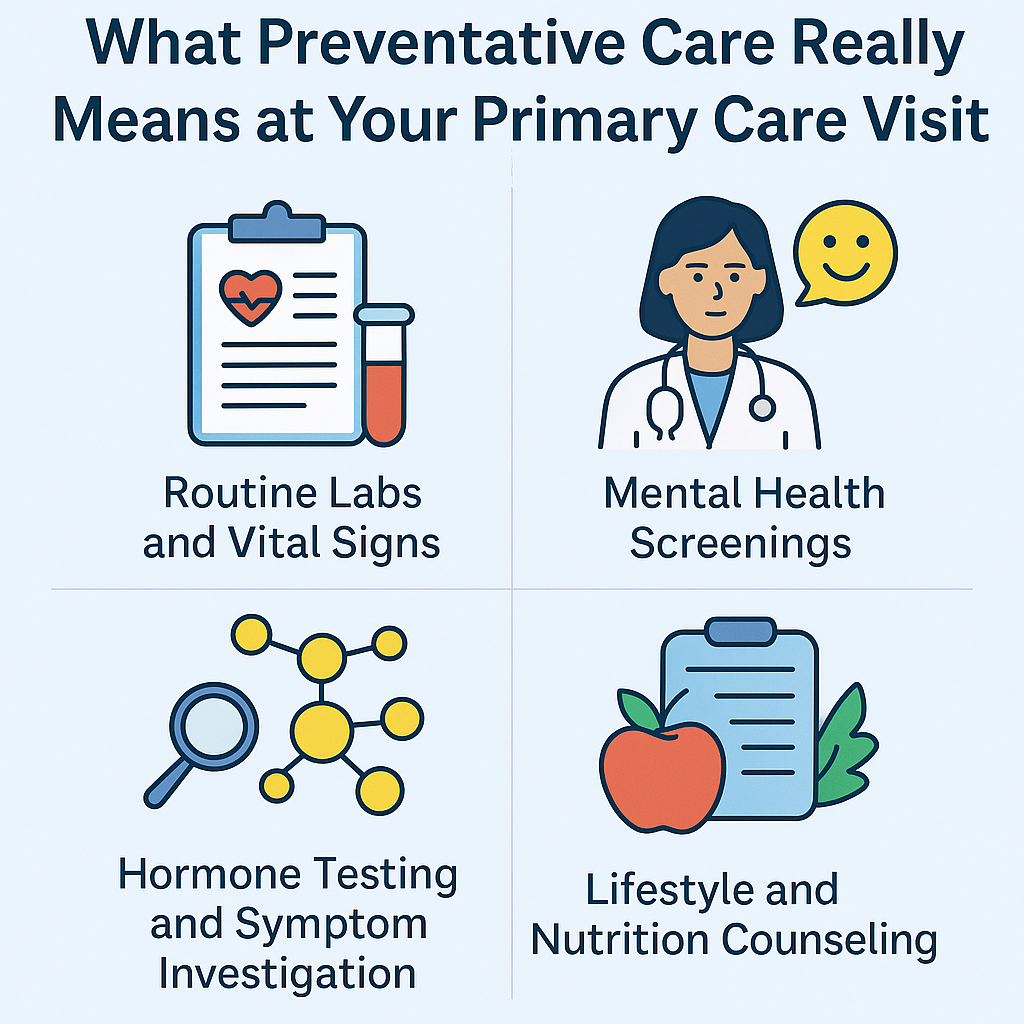 preventative care, primary care visit, early detection, hormone testing, mental health screening, lifestyle counseling, chronic disease prevention, integrative primary care, health screening, primary care doctors near me, Folsom primary care, Roseville primary care, Zeam Health & Wellness