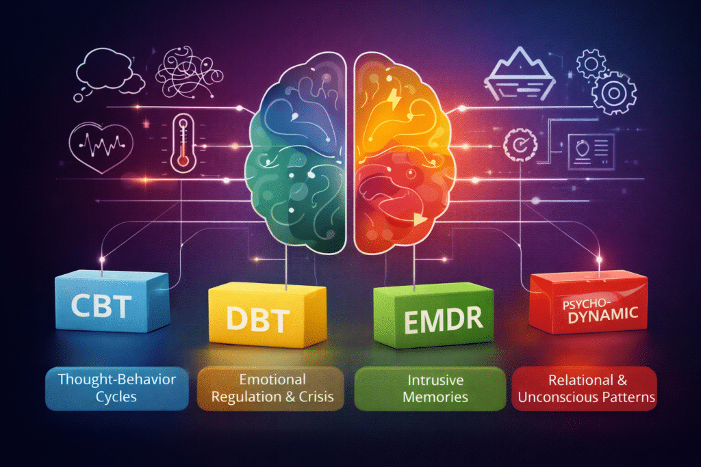 how clinicians choose therapy, matching therapy to symptoms, CBT vs DBT vs EMDR, therapy modality selection, PTSD therapy matching, behavioral activation depression, CBT measurement-based care, DBT for suicidality, insomnia and PTSD treatment, prolonged exposure vs CPT, psychodynamic therapy selection, personalized psychotherapy, symptom-based therapy, Zeam therapy assessment