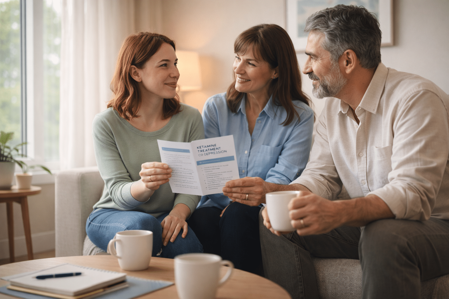 Family having a supportive conversation about ketamine treatment for depression in a calm home setting