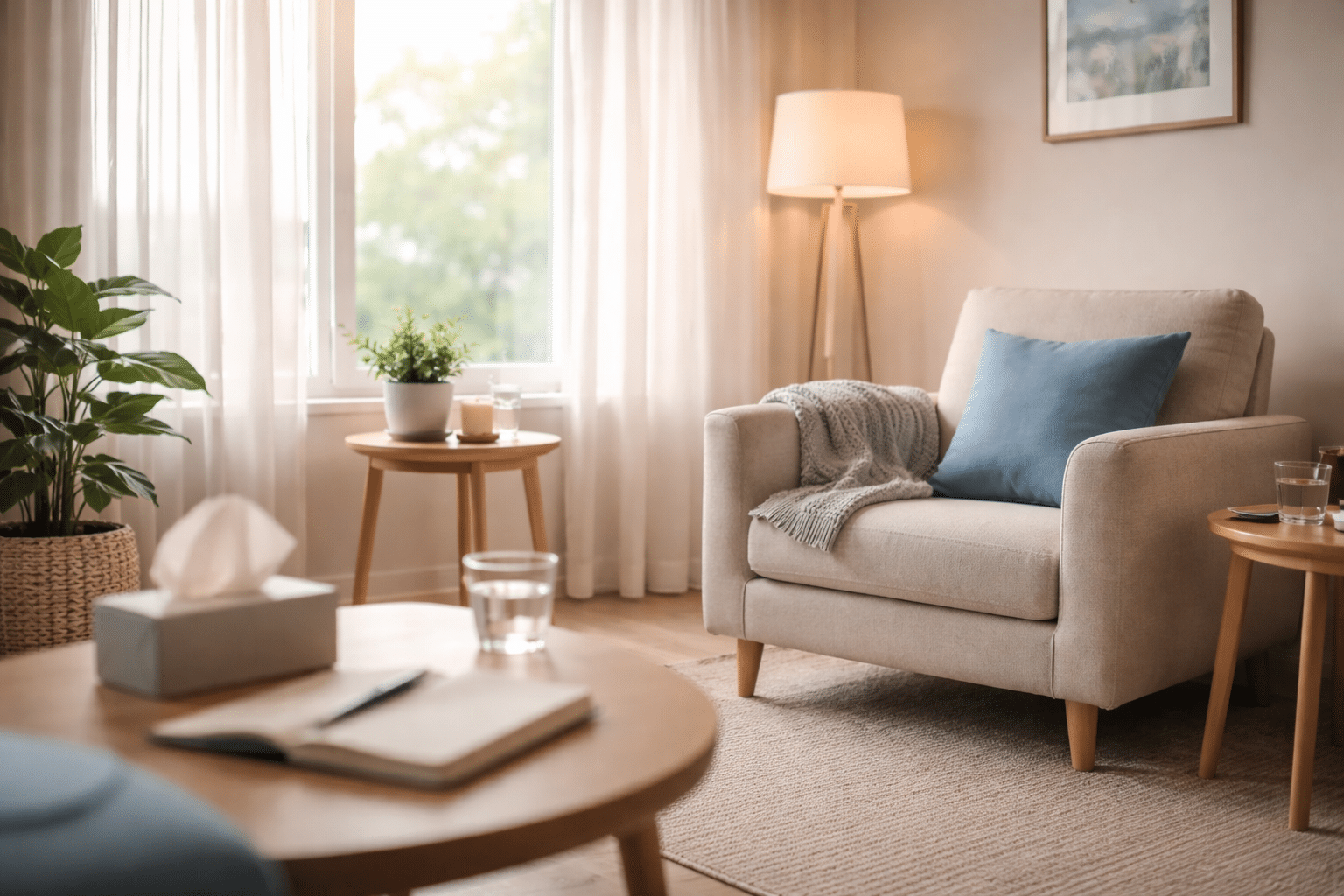 Calm therapy office with soft lighting and neutral tones representing professional anxiety treatment and supportive mental health care