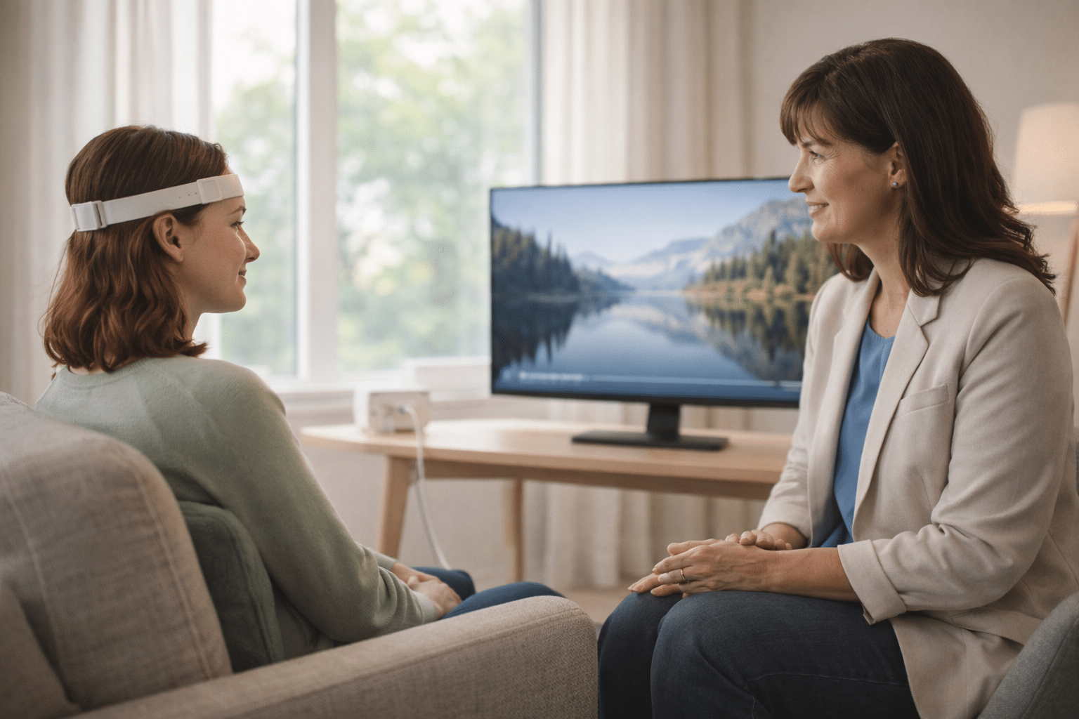 Patient participating in neurofeedback therapy with clinician support in a calm, modern treatment room