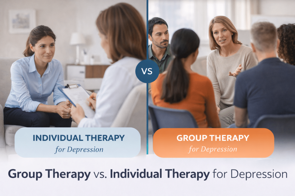 group therapy for depression, individual therapy for depression, depression treatment options, CBT group therapy, group therapy vs individual therapy, psychotherapy for depression, depression counseling, mental health therapy, depression treatment Sacramento, therapy for depression