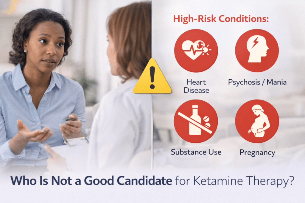 ketamine therapy candidates, who is not a good candidate for ketamine therapy, ketamine contraindications, ketamine therapy screening, ketamine infusion therapy risks, spravato contraindications, ketamine therapy safety, treatment resistant depression ketamine, ketamine and psychosis, ketamine and hypertension, ketamine pregnancy risks, ketamine therapy eligibility