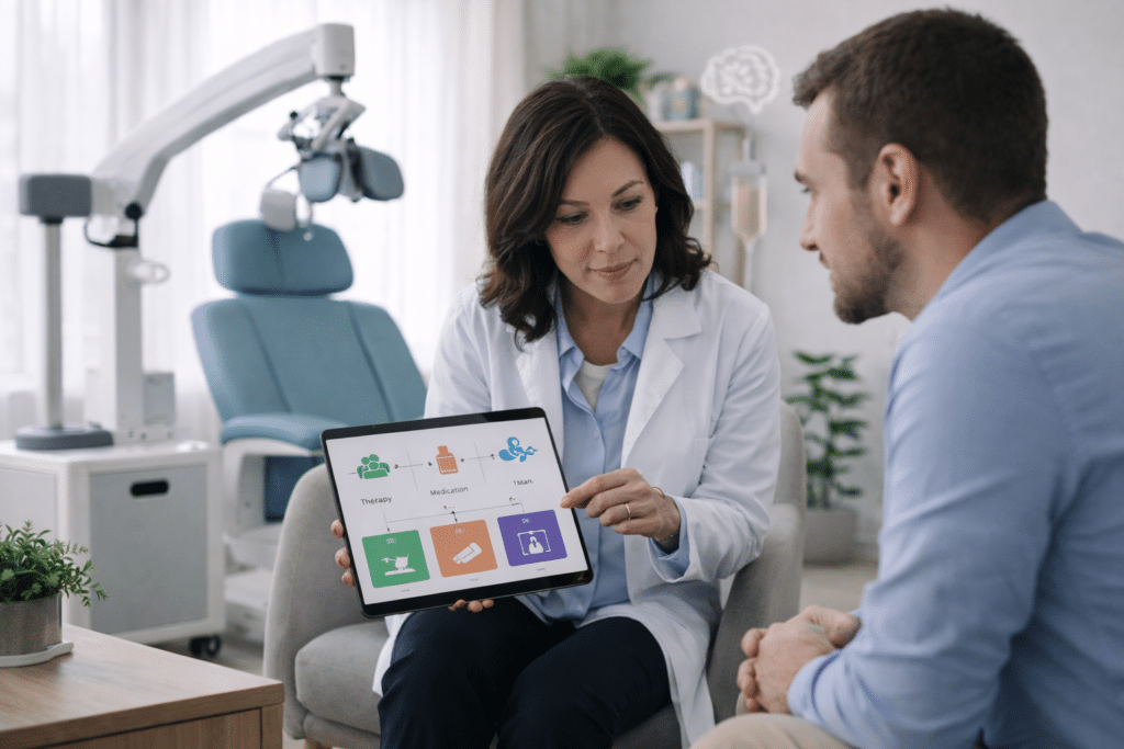 Psychiatrist reviewing depression treatment options and care plan with patient in clinic