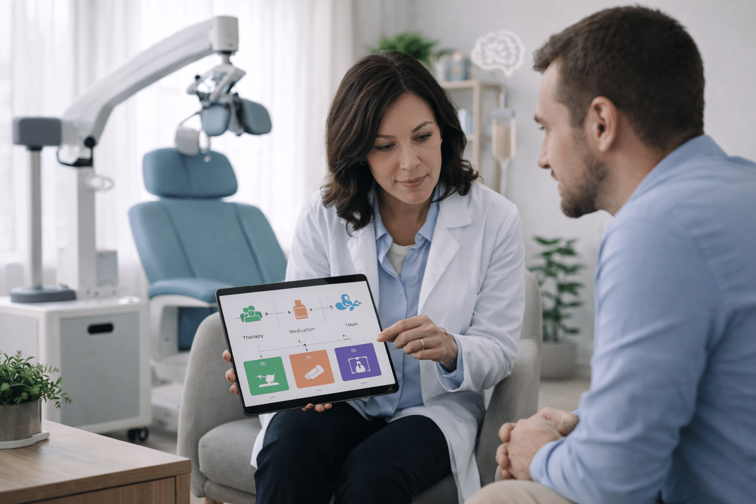 Psychiatrist reviewing depression treatment options and care plan with patient in clinic