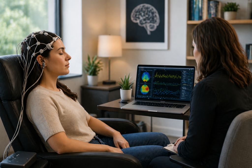patient undergoing neurofeedback therapy with EEG headset while clinician monitors brainwave activity during mental health treatment session