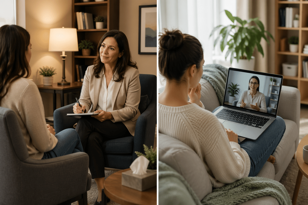 In-person therapy session and online therapy session comparison showing patient meeting therapist in office and using laptop for teletherapy at home