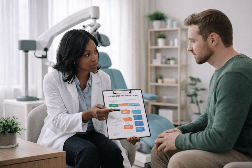 Psychiatrist explaining TMS therapy treatment plan to patient in clinic