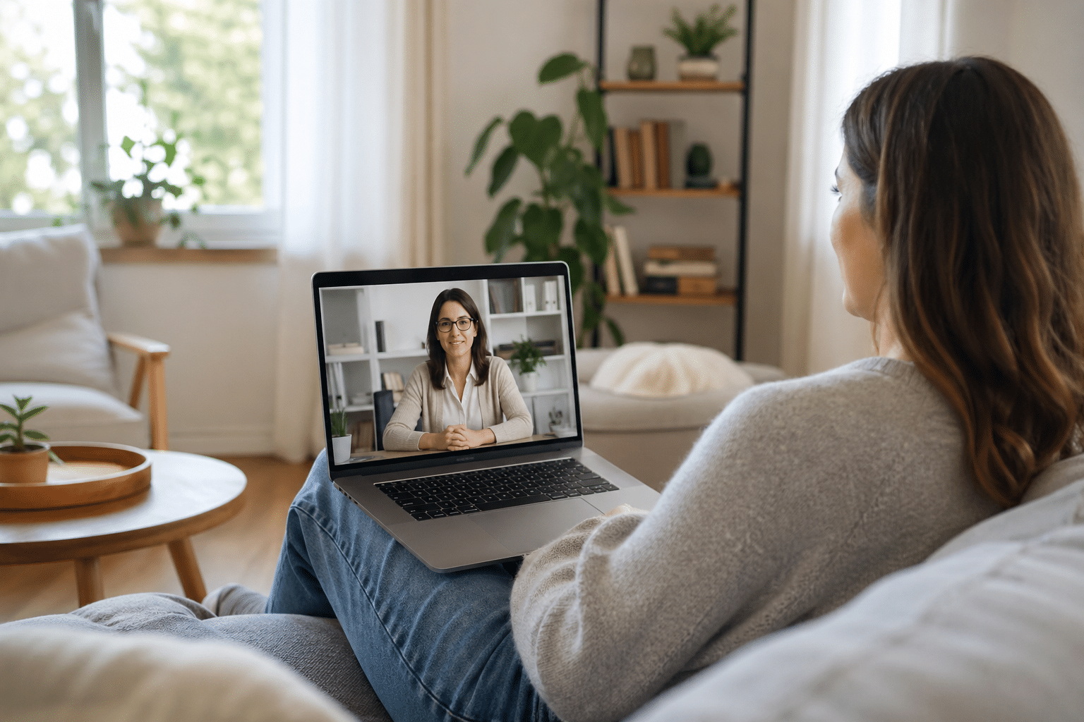 Teletherapy session between patient at home and therapist on a laptop, illustrating ongoing psychiatric care