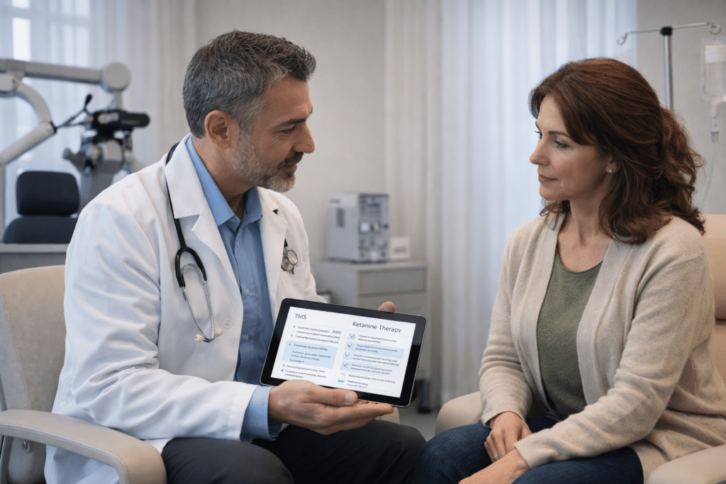 advanced depression treatment options, TMS vs ketamine decision factors, treatment resistant depression care, how doctors choose depression treatment, personalized psychiatric treatment, depression treatment recommendations, TMS therapy criteria, ketamine therapy candidates, mental health treatment planning, psychiatry decision making depression, non medication depression treatment options, rapid acting depression treatments, depression care pathways, mental health evaluation process, depression treatment Sacramento