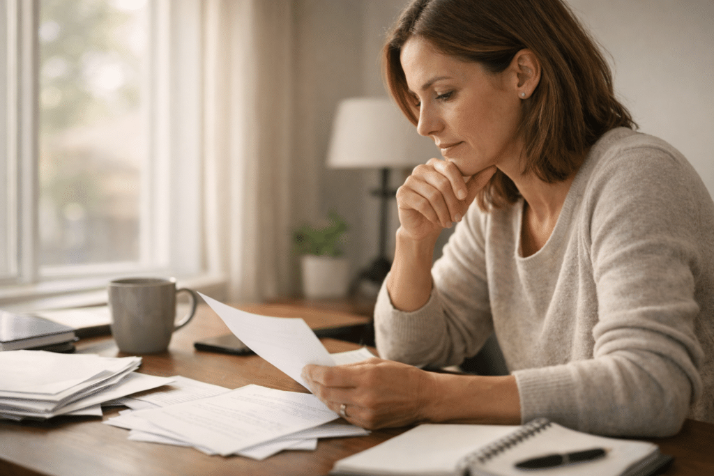 Woman reviewing notes at desk, representing changes in depression treatment plans and mental health reflection