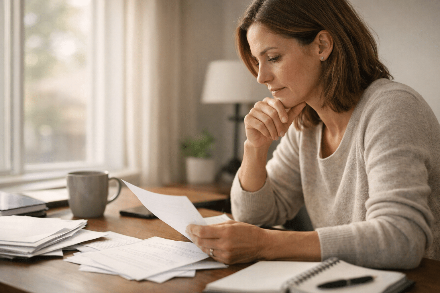 Woman reviewing notes at desk, representing changes in depression treatment plans and mental health reflection