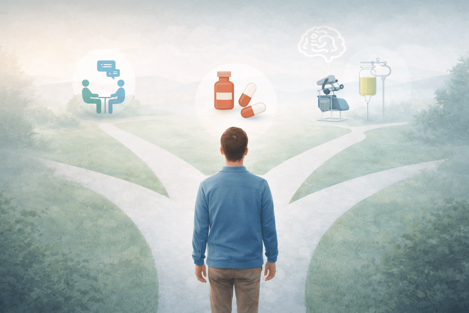 Person choosing between different depression treatment paths representing next steps in care