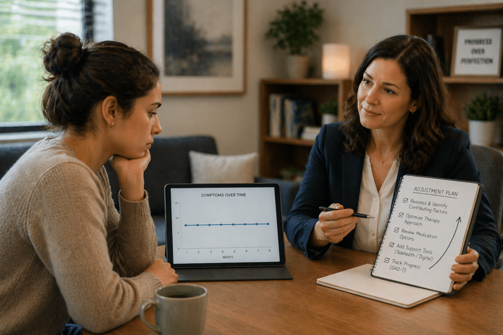 Therapist discussing anxiety treatment plan adjustments with patient during a mental health consultation