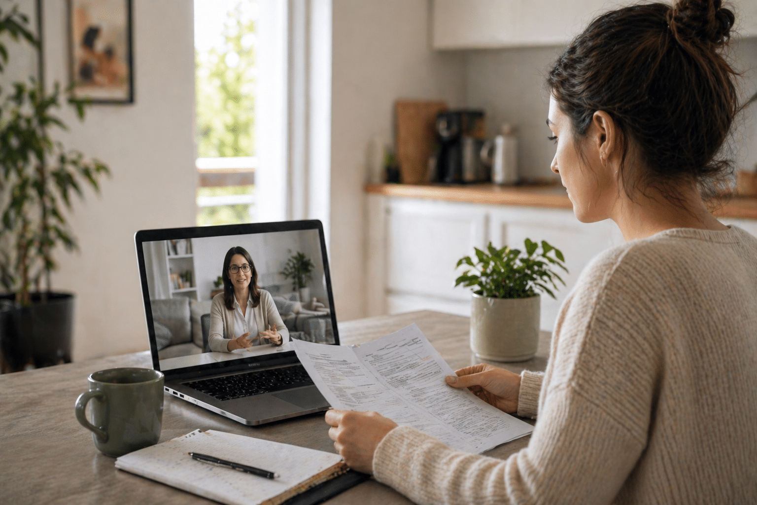 Patient managing insurance paperwork during ongoing psychiatric treatment with teletherapy session on laptop