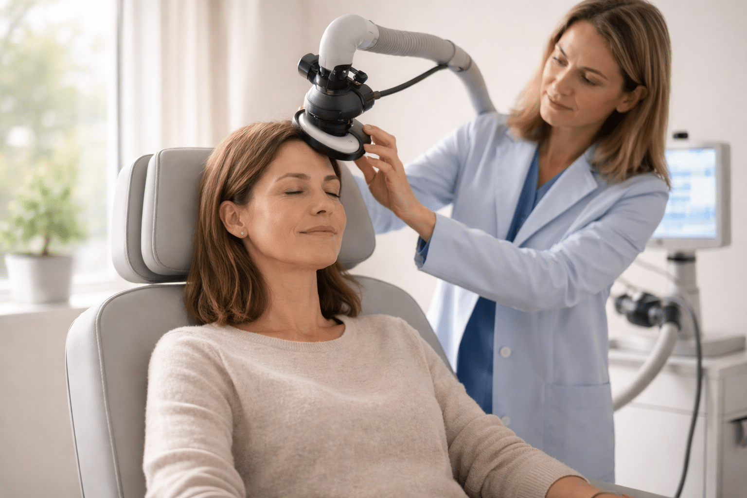 A calm patient receives TMS therapy while a clinician adjusts the device in a clean, modern setting.