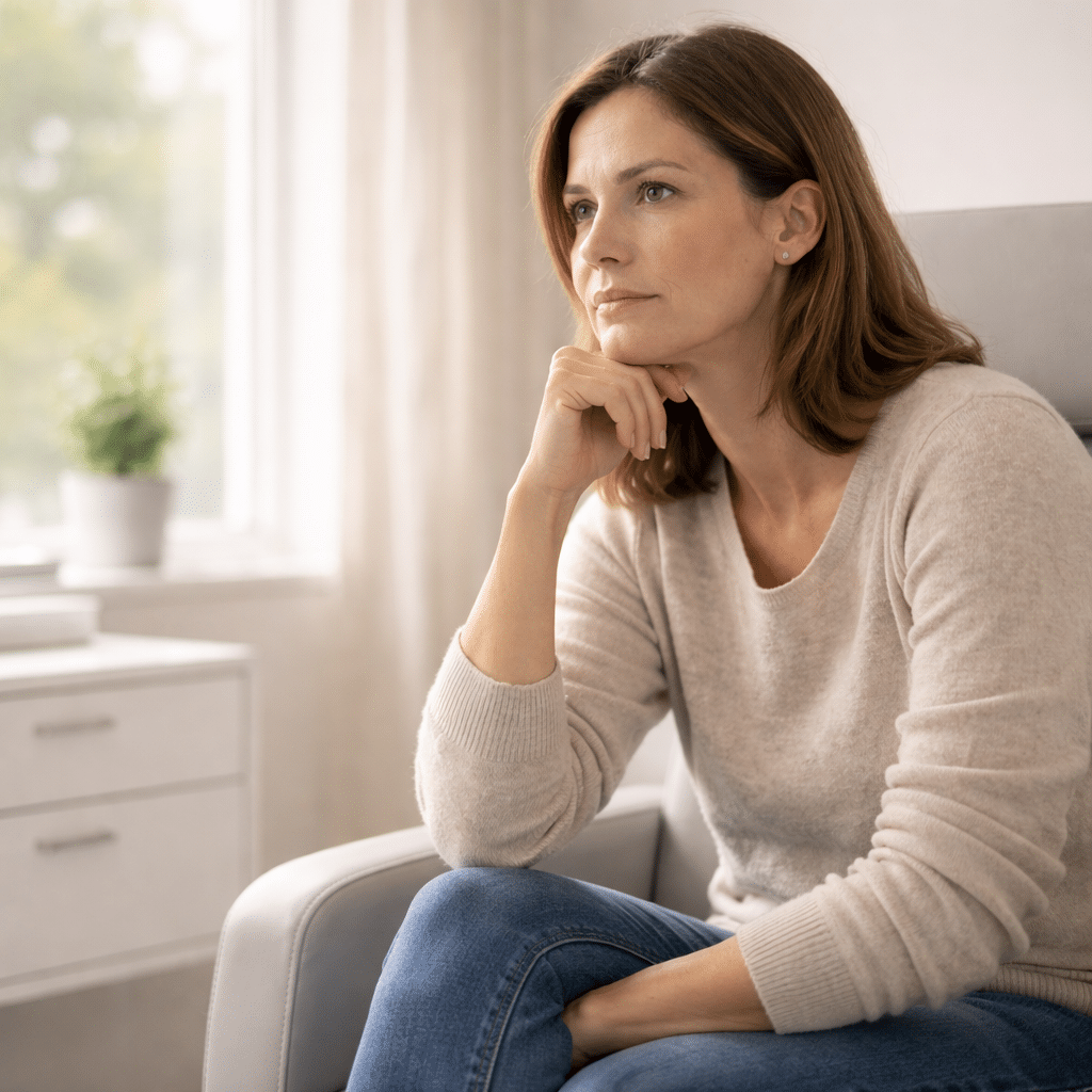 Patient sitting thoughtfully in a modern clinic considering advanced depression treatment options like TMS or ketamine therapy