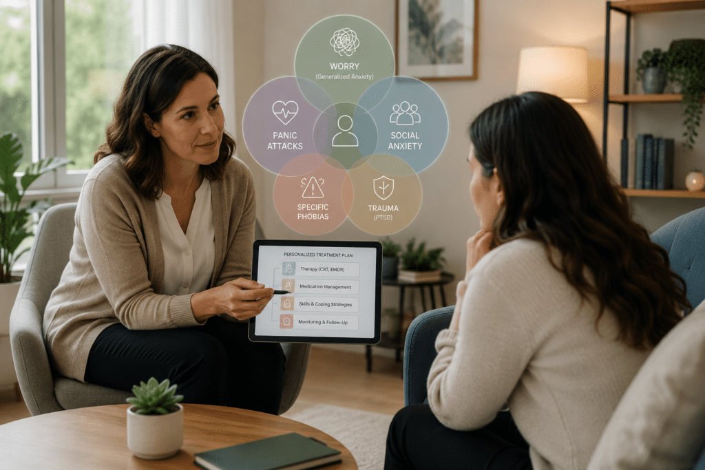 Mental health treatment plan for multiple anxiety disorders with clinician and patient discussing therapy and psychiatric care