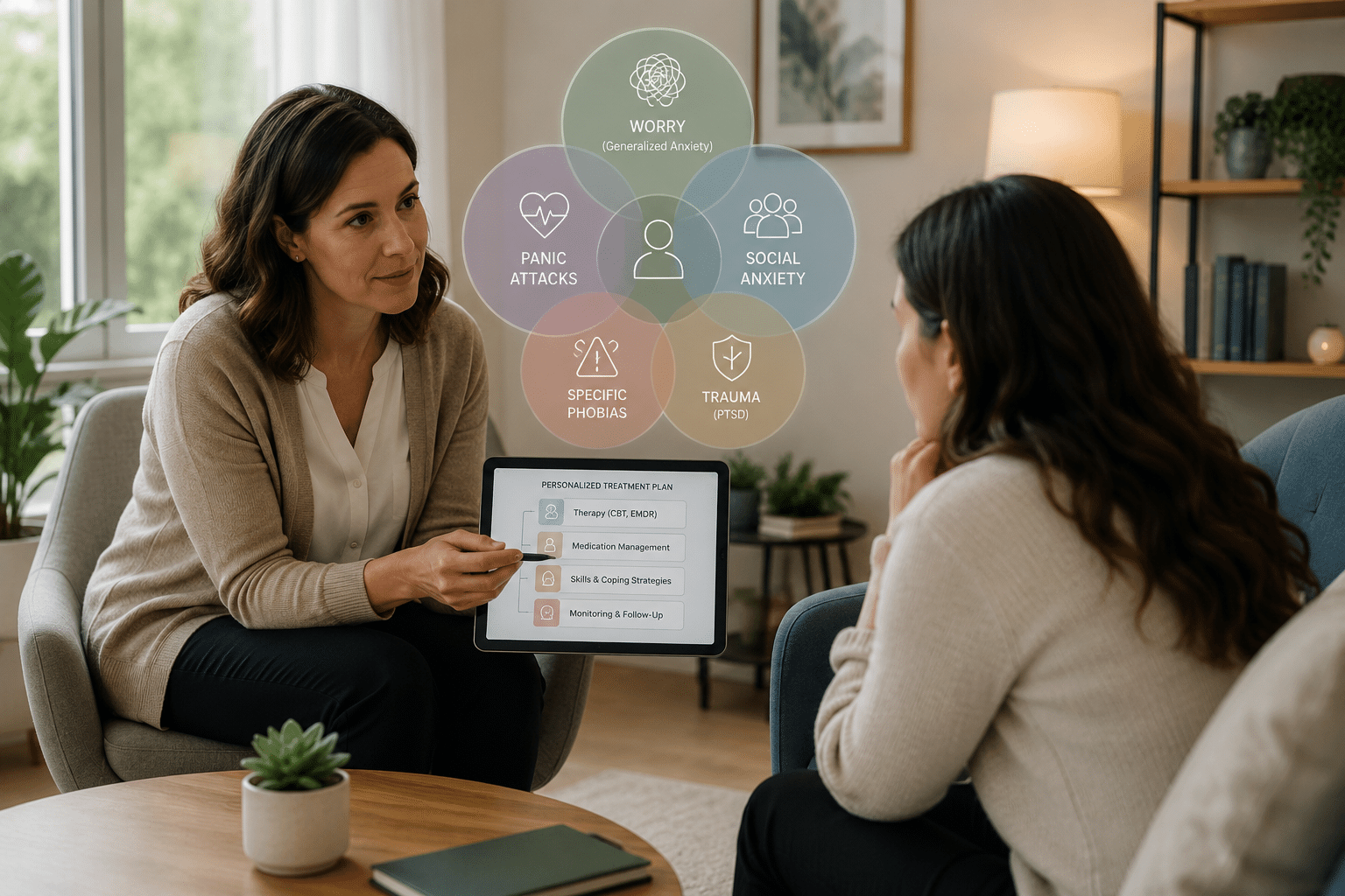 Mental health treatment plan for multiple anxiety disorders with clinician and patient discussing therapy and psychiatric care