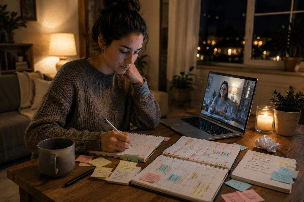 Adult participating in online anxiety symptoms treatment and therapy session during the evening while journaling and tracking stress patterns in a calm home setting.