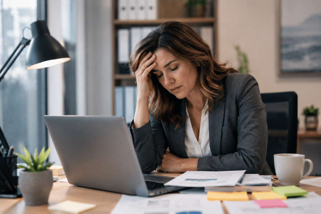 Professional working at a desk experiencing mental health symptoms, including anxiety and depression symptoms affecting concentration, focus, and workplace productivity in a modern office environment.