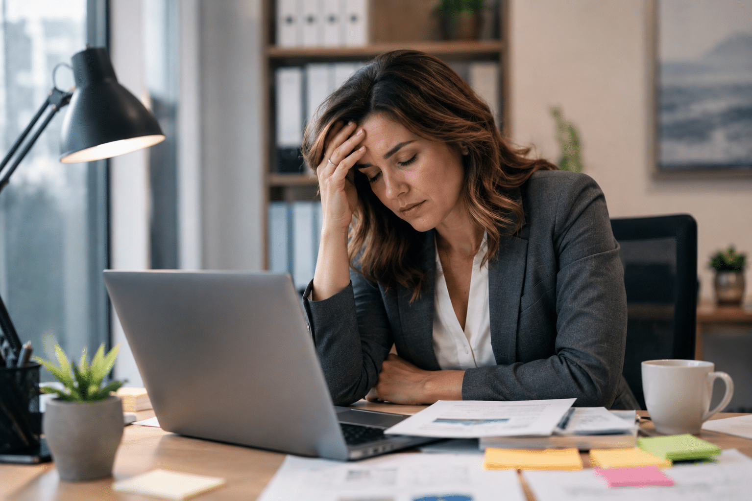 Professional working at a desk experiencing mental health symptoms, including anxiety and depression symptoms affecting concentration, focus, and workplace productivity in a modern office environment.