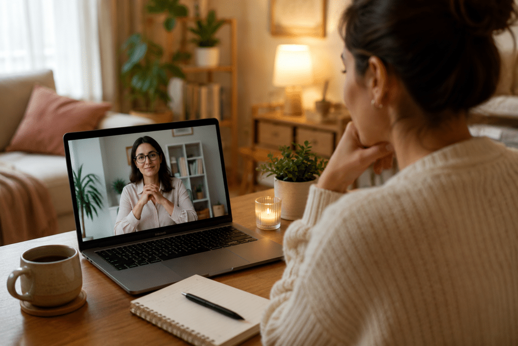 Person attending an online therapy session from home on a laptop during a telehealth mental health appointment in a calm and cozy environment.