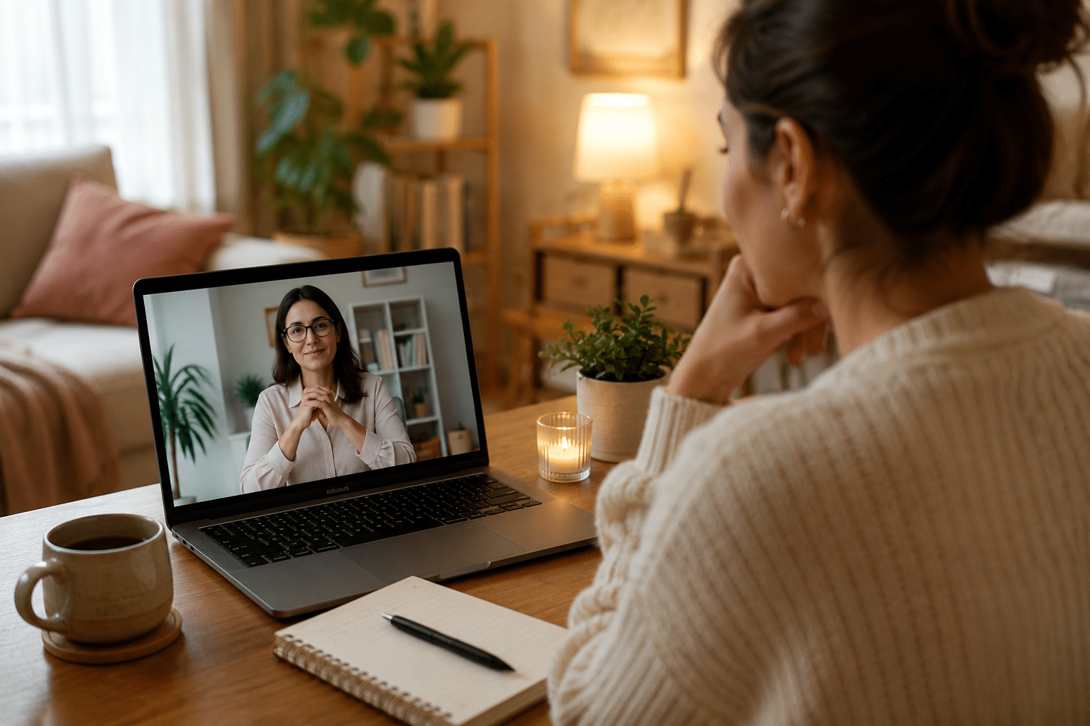Person attending an online therapy session from home on a laptop during a telehealth mental health appointment in a calm and cozy environment.