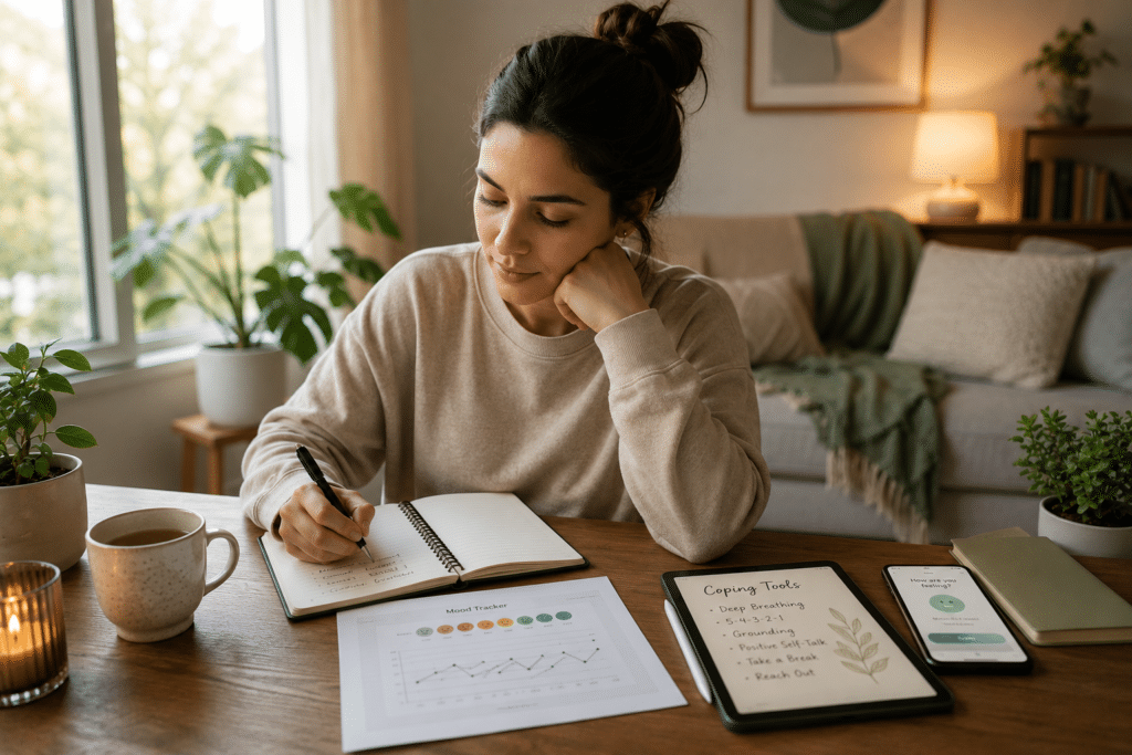Woman journaling and practicing coping strategies at home as part of “How Patients Maintain Progress Between Therapy Sessions” during anxiety and depression treatment.