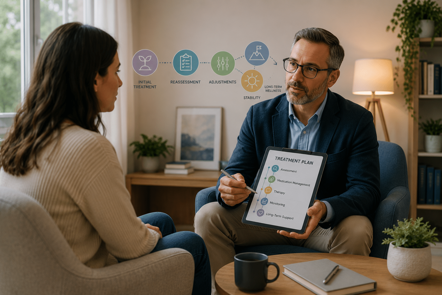Psychiatric treatment plan evolving over time with clinician and patient managing recurring depression and anxiety symptoms