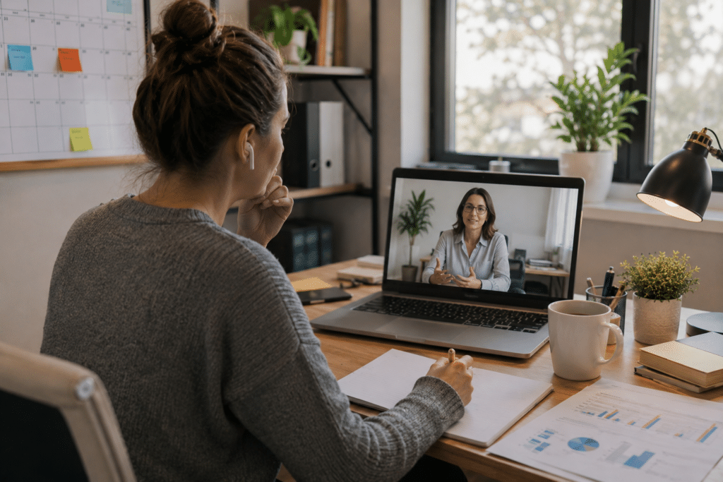 Busy professional attending a teletherapy session from a home office, highlighting accessible online mental health care, virtual counseling, and emotional support for working adults.