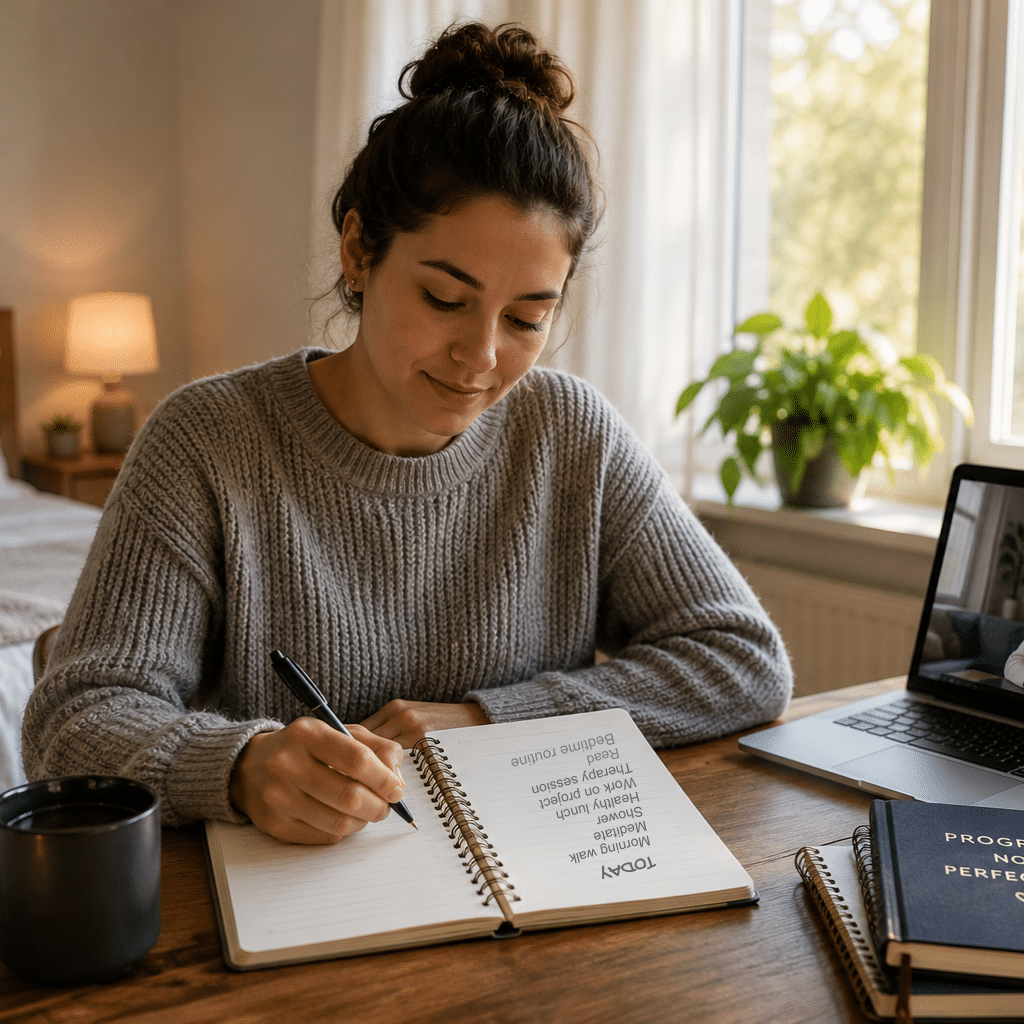 Adult rebuilding healthy routines and emotional stability through therapy and mental health support while managing anxiety symptoms and depression in a calm home environment with teletherapy and structured self-care habits.