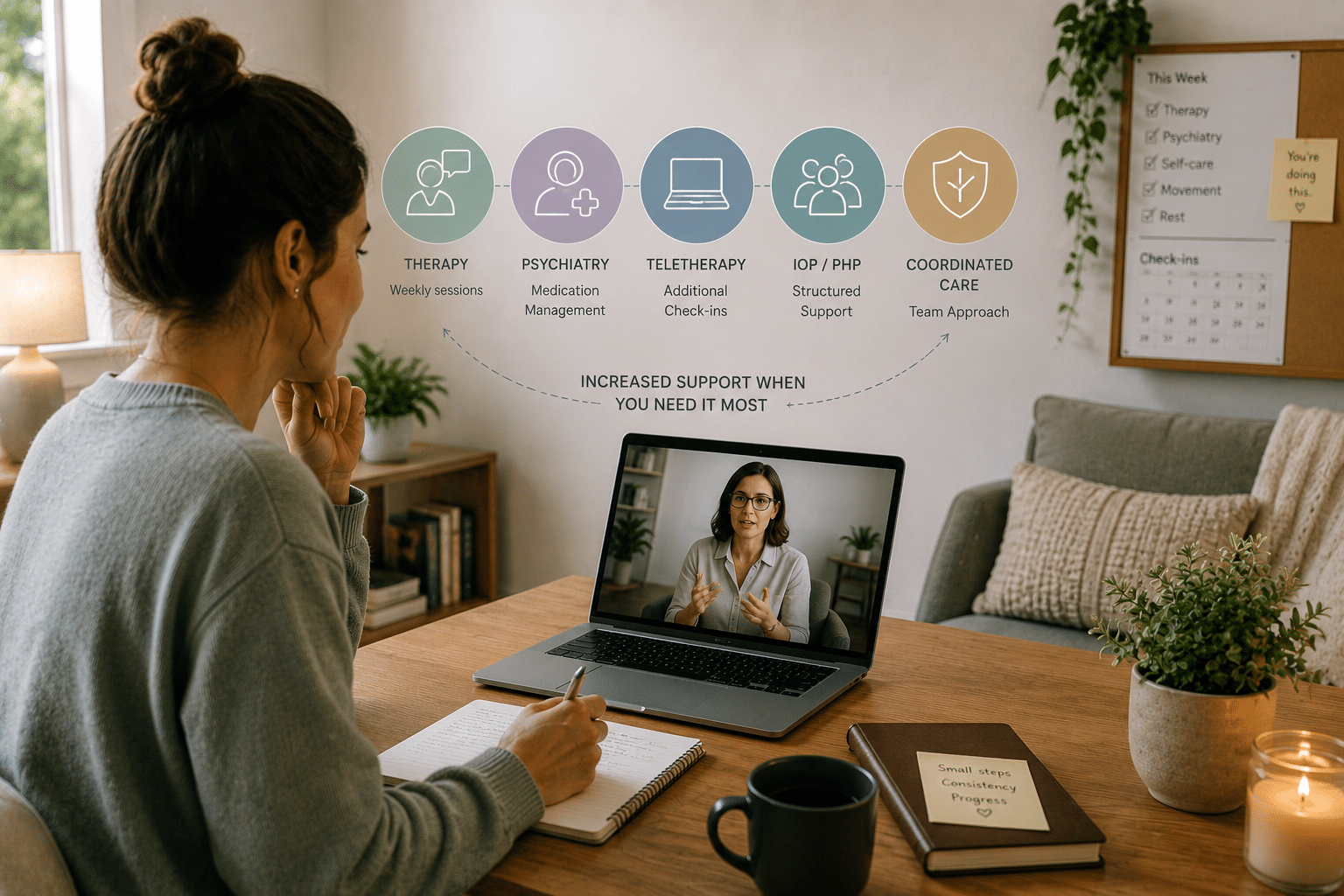 Mental health care with teletherapy and multiple support levels for patients needing more than weekly therapy