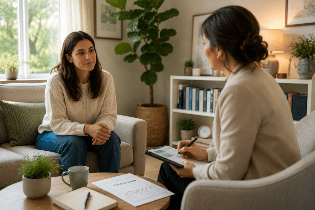 Patient speaking with a mental health provider during an early consultation for psychiatric treatment for chronic symptoms in a calm and supportive therapy office.