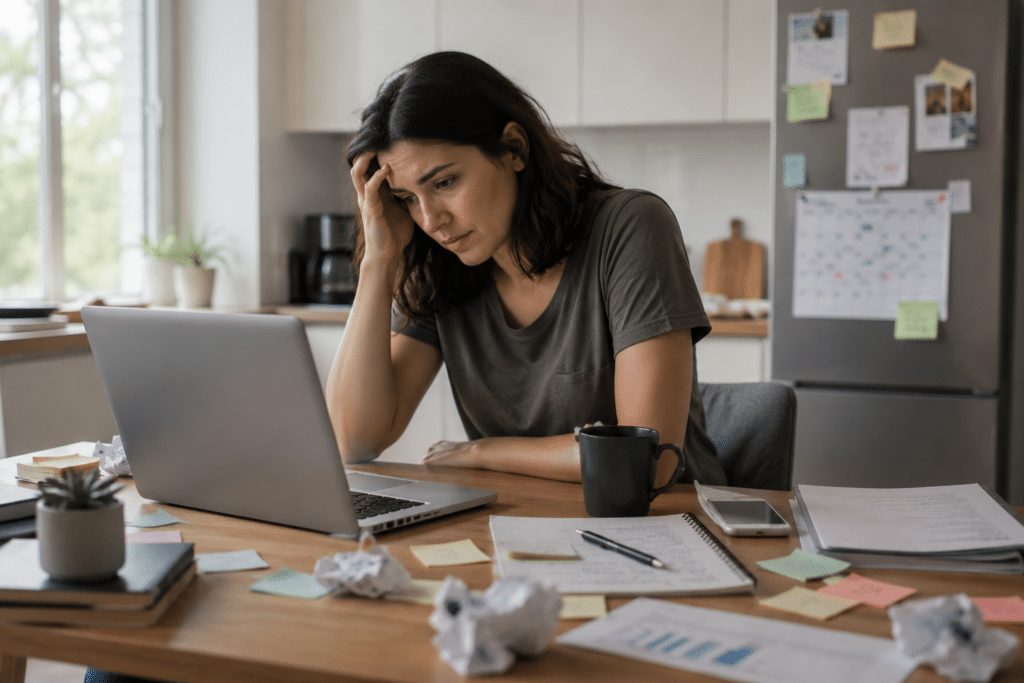Adult experiencing anxiety and depression symptoms while working alone at home, highlighting emotional stress, delayed psychiatric treatment, and the importance of seeking mental health support.