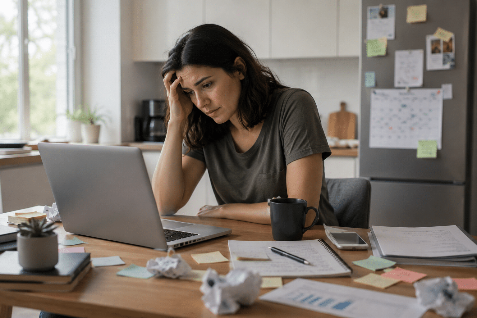 Adult experiencing anxiety and depression symptoms while working alone at home, highlighting emotional stress, delayed psychiatric treatment, and the importance of seeking mental health support.