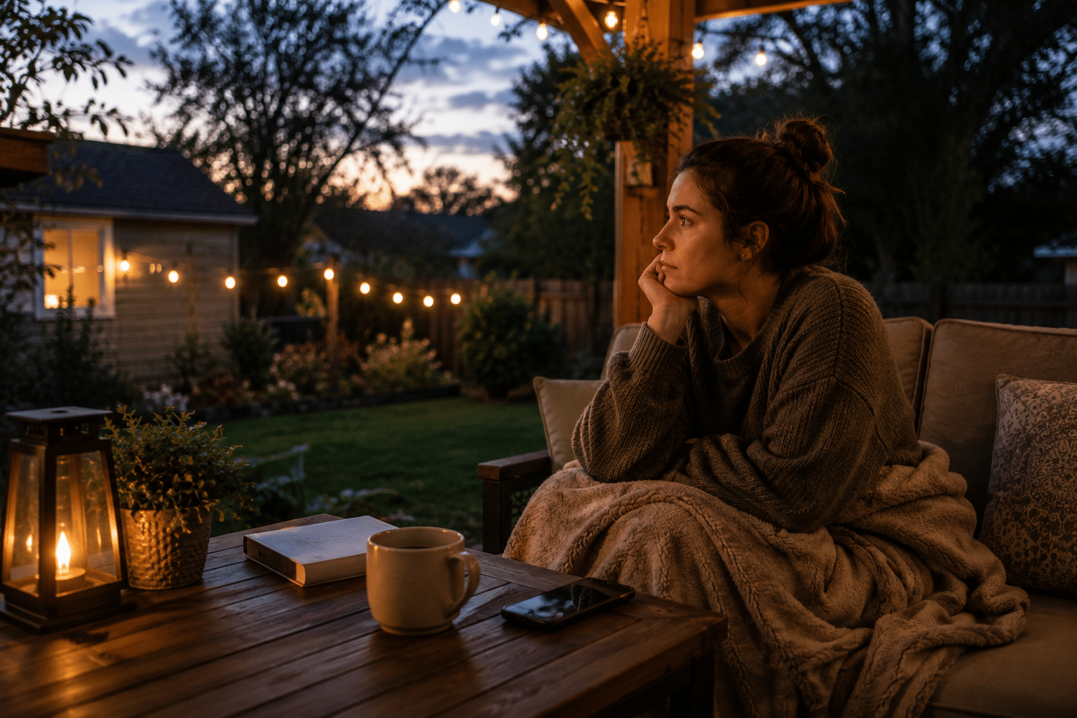 Adult sitting alone on a backyard porch during the evening while reflecting on anxiety and depression symptoms in a calm, peaceful outdoor setting.