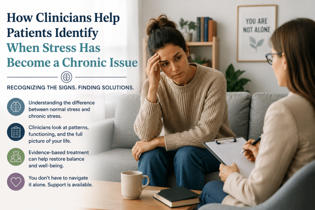 Patient discussing chronic stress symptoms with a mental health clinician during a therapy session.