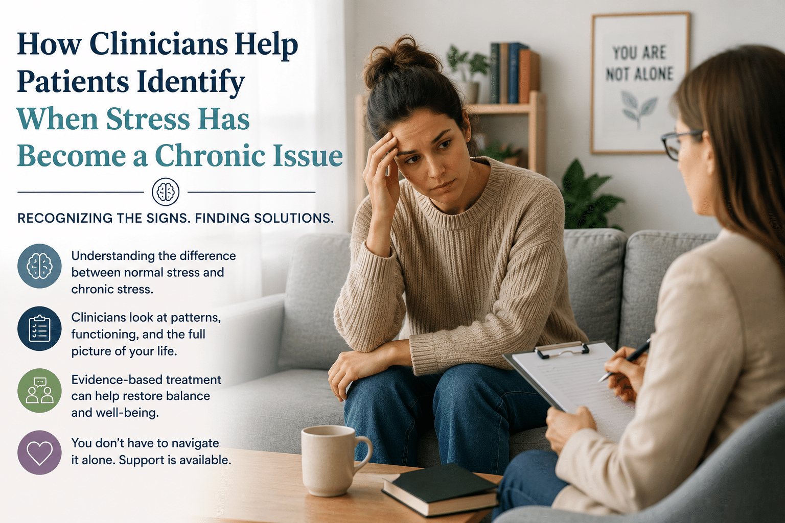 Patient discussing chronic stress symptoms with a mental health clinician during a therapy session.