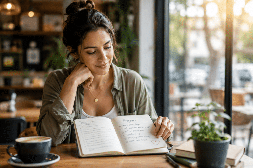 Adult reviewing notes in a journal and recognizing personal growth during recovery from chronic anxiety and confidence challenges.