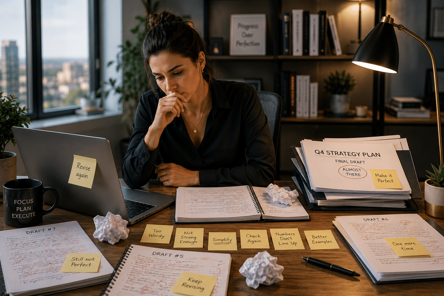 Professional reviewing work repeatedly while struggling with perfectionism, self-criticism, and anxiety despite outward success