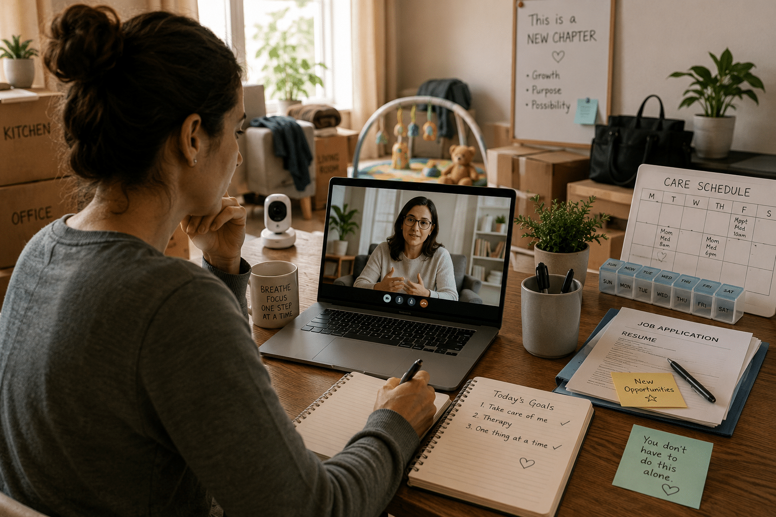 Online therapy helping a patient manage stress during a major life transition such as moving, caregiving, or career change