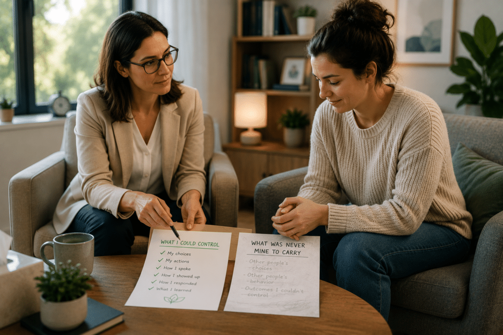 Patient and therapist reviewing healthy accountability versus self-condemnation in therapy.