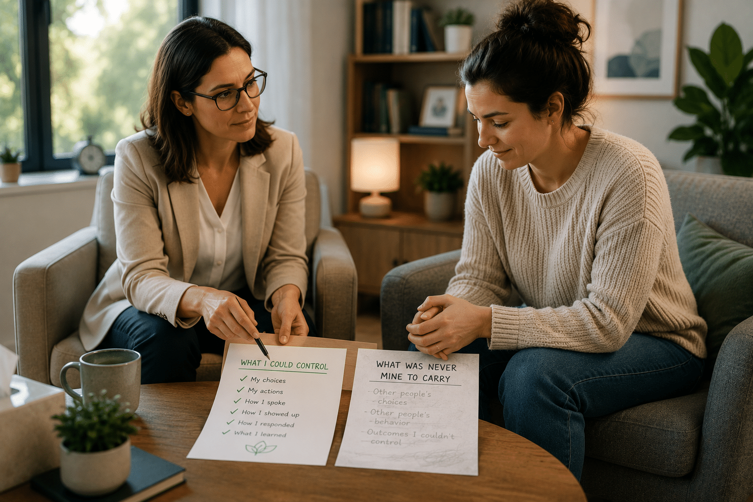 Patient and therapist reviewing healthy accountability versus self-condemnation in therapy.