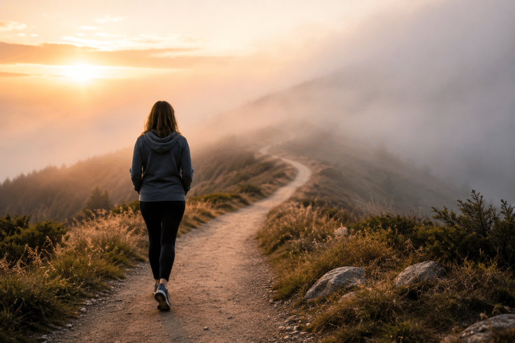 Individual walking a winding path into soft morning fog, representing coping with uncertainty, anxiety management, emotional resilience, and personal growth through therapy.