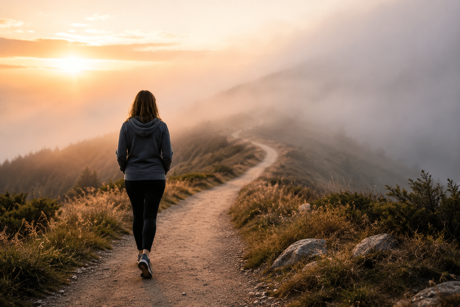 Individual walking a winding path into soft morning fog, representing coping with uncertainty, anxiety management, emotional resilience, and personal growth through therapy.