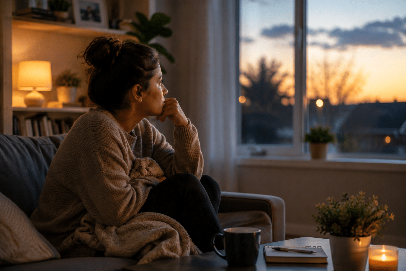Person experiencing emotional burnout and anxiety symptoms sitting alone in a softly lit living room during the evening, reflecting quietly while looking out a window. The scene represents emotional exhaustion, stress management, depression awareness, mental health support, therapy, and recognizing early signs of burnout before they become more disruptive.