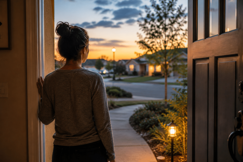 Adult taking a step outside at dusk, symbolizing anxiety symptoms treatment, therapy, emotional resilience, overcoming avoidance behaviors, and improved mental health.