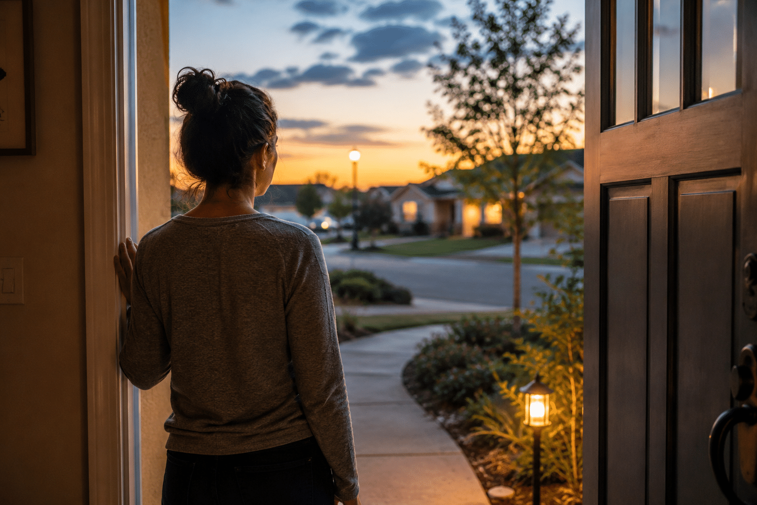 Adult taking a step outside at dusk, symbolizing anxiety symptoms treatment, therapy, emotional resilience, overcoming avoidance behaviors, and improved mental health.