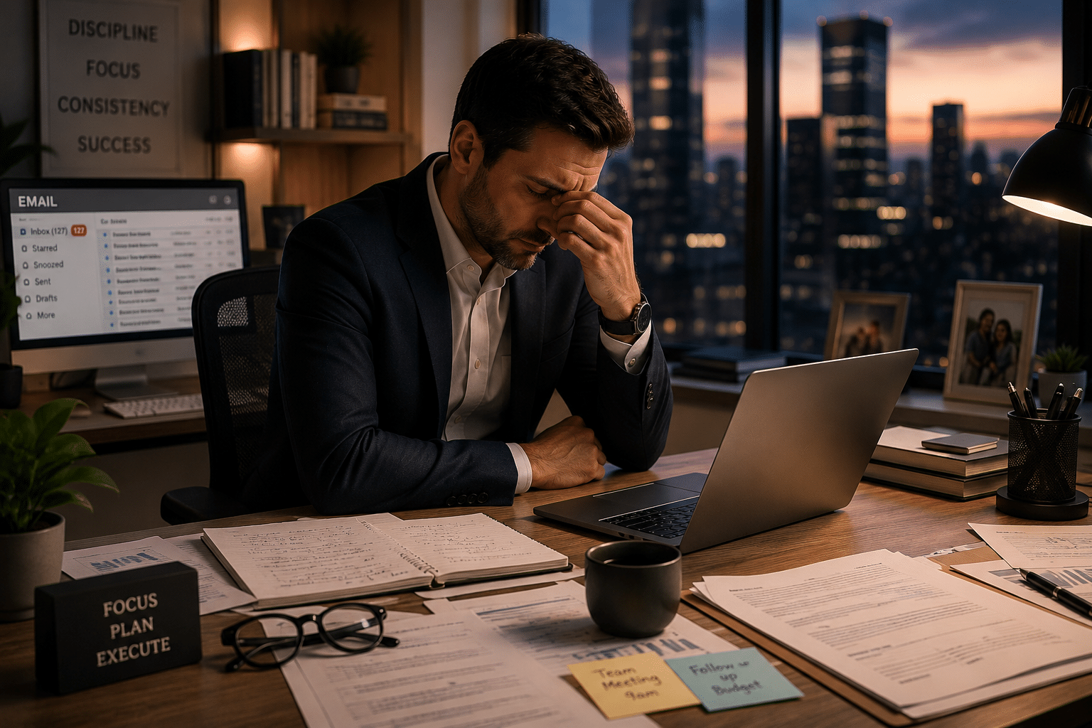 Successful professional sitting alone in an office showing signs of hidden anxiety and depression burnout despite career success